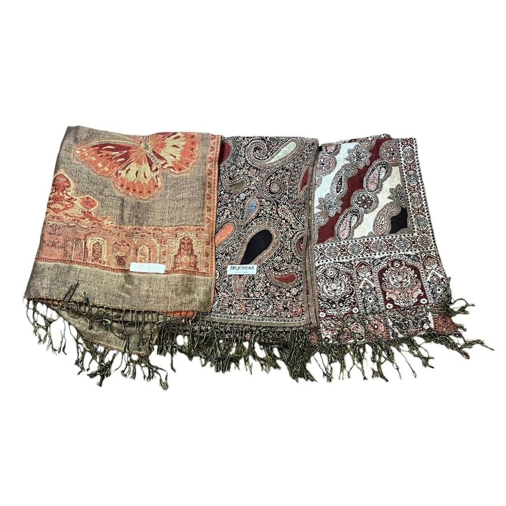 Women’s Lot Of 2 100% Pashmina Cashmere Wool 1 INC Butterfly‎ Wrap Paisley Scarf